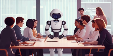 A robot leads a meeting with attentive business professionals, demonstrating the integration of AI in modern corporate strategy discussions. AIG41の素材