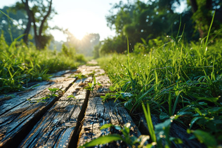The picture of the wood table in the middle of the forest that surrounded with an uncountable amount of tree and plant in the forest with a bright light from the brightest sun of the daytime. AIGX03.の素材