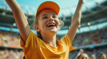 A fan is enthusiastically gesturing with her arms in the air, cheering in an electric blue hat at the entertaining competition event. AIG41の素材