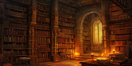 An ancient library with towering bookshelves, hidden alcoves, and magical glowing manuscripts. Resplendent.の素材