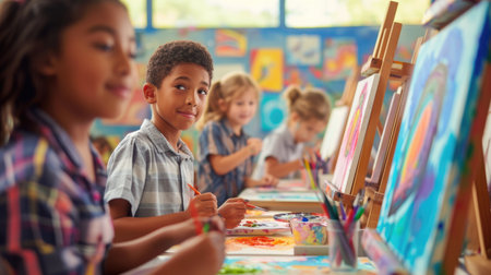 A young girl paints on an easel in an art class, surrounded by her peers, fostering creativity and artistic expression. AIG41の素材