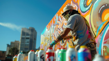 A man leisurely creates art on a wall with spray paint, using vibrant electric blue and magenta to form a captivating pattern. AIG41の素材