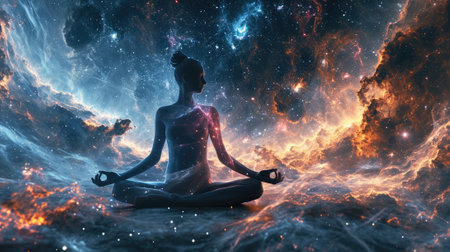 The picture of the young or adult female human doing the yoga pose for relaxation or meditating the mind in the middle of the fantasy surreal space with bright light from the source of light. AIGX03.の素材