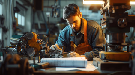 A young man is tinkering with a machine in a garage to fix auto parts AIG41の素材