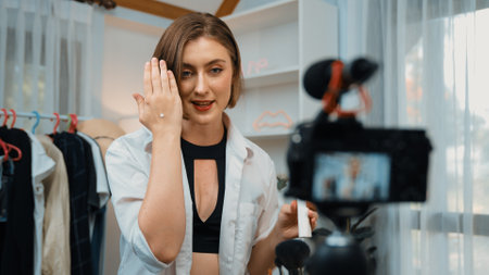 Woman influencer shoot live streaming vlog video review skincare for prim social media or blog....