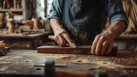 A man wearing a hat is skillfully crafting a piece of hardwood in his workshop, creating a beautiful art piece. AIG41の素材