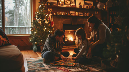 The family is sitting on the hardwood floor, sharing a fun board game event in front of the fireplace, enjoying the warmth and darkness. AIG41の素材