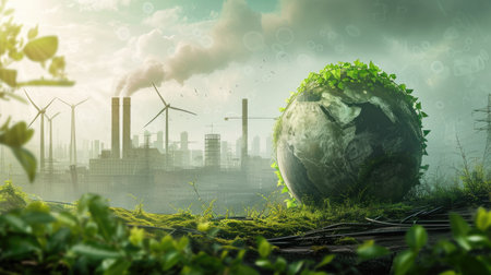 A painting depicting a terrestrial plant-filled natural landscape with a factory in the background, showcasing the harmony between industry and nature. AIG41の素材