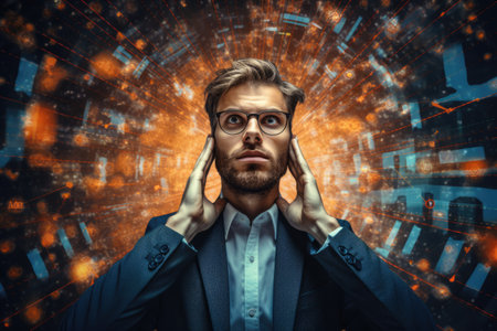 Tech analyst study cyber data chart from corporate system for statistical analytic defining marketing plan and strategy to compete in futuristic technology businessの素材