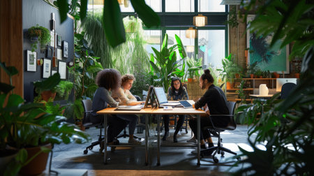 A modern co-working space bustling with professionals working on laptops surrounded by green indoor plants and natural light. AIG41の素材