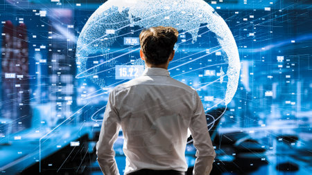 Young Male Programmer Engaged in AI Engineering: Analyzing Software Through LISP Open Bot Hologram for Artificial Intelligence-Driven Marketing Solutions.の写真素材