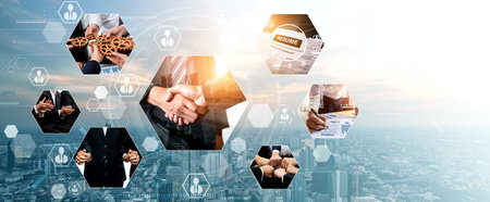 Teamwork and human resources HR management technology concept in corporate business with people...