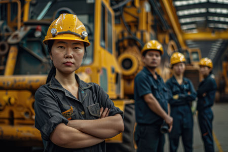 group portrait of construction workers with background of excavation machinery aigx04の素材