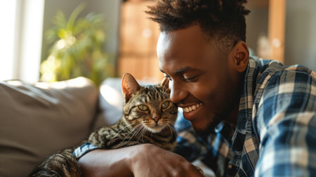 happy people at home with favorite pet , love and friendship of human and animal pragmaの素材