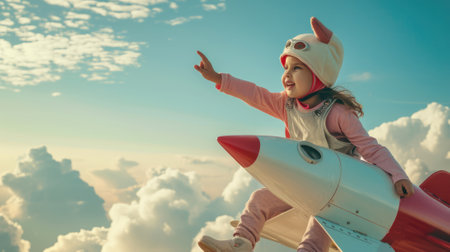 The side view of the picture that has the child flying into the bright sky with the flying object that has been called the rocket yet the size of a rocket so small but it size same with child. AIGX03.の素材