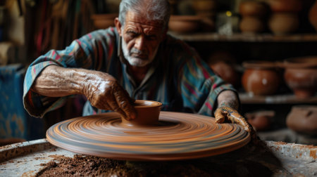 An experienced potter meticulously shapes wet clay on a spinning wheel in a rustic pottery workshop surrounded by his creations. Resplendent.の素材