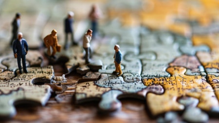 The miniature varies group of employed people that standing still on the uncompleted jigsaw board trying to work together to find the solution for the problem that they talking to each other. AIGX03.の素材