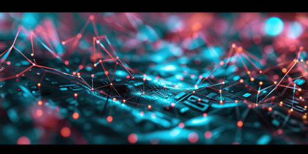 The neon bright sphere shape object that has been connected with the link of the bright line that portray the connection between each sphere to something similar like a network or connection. AIGX03.の素材