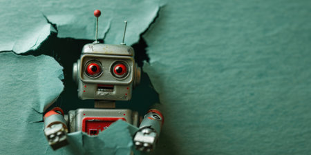 Close up view picture of the hollow green hole on the the wall that show the robot stay inside of the wall that has been made from some material yet still can break to look through other side. AIGX03.の素材