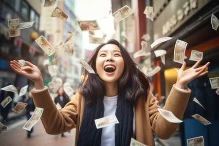 Happy person getting bonus money and banknotes flying in the air and get lucky rich and financial freedom comelinessの素材