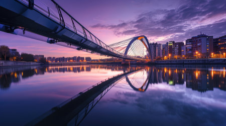 Panoramic twilight view over a sleek modern bridge with city architecture reflections. Resplendent.の素材