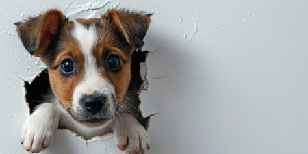Close up view picture of the hollow white hole on the the wall that show the dog stay inside the wall that has been made from some material yet still can be break to look through other side. AIGX03.の素材