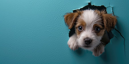Close up view picture of the hollow blue hole on the the wall that show the dog stay inside the wall that has been made from some material yet still can break to look through the other side. AIGX03.の素材