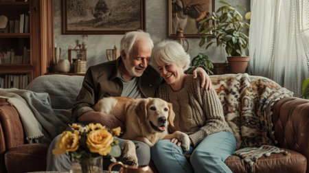 happy people at home with favorite pet , love and friendship of human and animal pragmaの素材