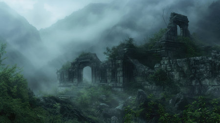 An ancient ruin on a misty mountain, with forgotten temples and overgrown paths. A mysterious fog envelops the scene, creating a sense of mystery and age. Resplendent.の素材