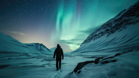The picture of young or adult human that walking in the north pole or south pole and staring into the sky that fill with aurora and star in the night time yet the bright with aurora or star. AIGX03.の素材