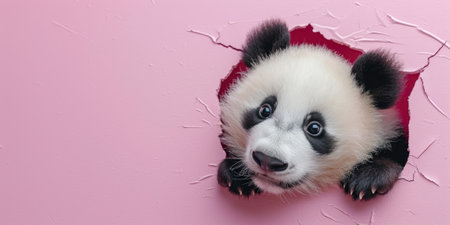 Close up view picture of the hollow pink hole on the the wall that show the panda stay inside the wall that has been made from some material yet still can be break to look through other side. AIGX03.の素材