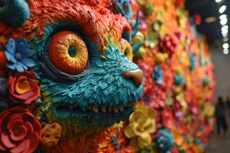 The side view of the colourful creature or monster that stay near to the colourful wall background in some sort of a bright light room that show a detail of the colourful creature or monster. AIGX03.の素材