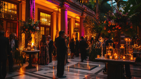 An elegant evening event, people in formal attire, beautifully decorated venue, capturing the essence of a sophisticated gathering. Resplendent.の素材