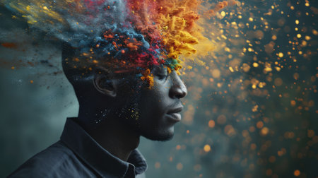 The picture that about the human face with different facial expression with colourful blowing effect near their head that can be portrayed feeling when they received too much the information. AIGX03.の素材