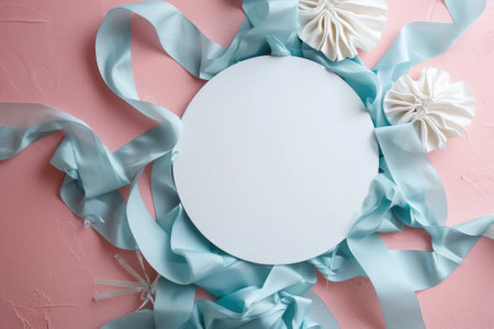 A front view of the isolated plate that has been placed on pink background that decorated with the pastel ribbon that can be compile to the things like the celebration, festival or ceremony. AIGX03.の素材