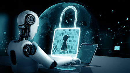 XAI 3d illustration AI robot huminoid uses cloud computing technology to store data on online server. Futuristic concept of cloud information storage analyzed by machine learning process. 3D renderingの写真素材