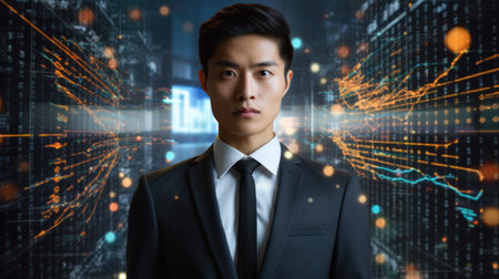 Business person overloaded by stress from business data and information that come from work, technology, social media and marketing business strategy received by a corporate employeeの素材