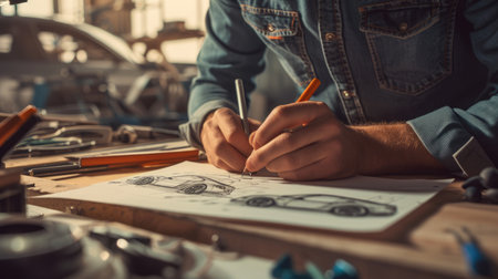 A man, using his hand and fingers, is making a gesture while drawing a car on a piece of paper, showcasing his artistic and engineering skills. AIG41の素材