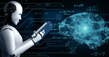 XAI 3d illustration of robot hominoid reading book in concept of future artificial intelligence and...