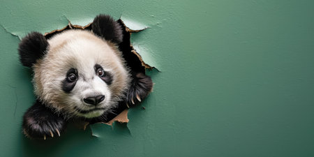 Close up view picture of the hollow green hole on the the wall that show the panda stay inside the wall that has been made from some material yet still can be break to look through other side. AIGX03.の素材