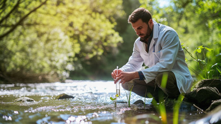 A man, wearing a lab coat, collects water from a river, amidst a beautiful natural landscape with happy people, trees, grass, and a serene lake. AIG41の素材