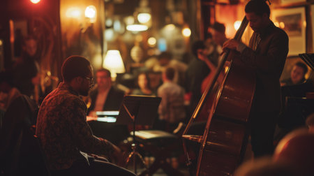 An evening jazz concert in a cozy club, musicians in deep concentration, audience immersed in the music. Resplendent.の素材