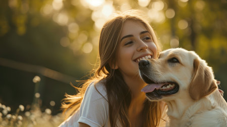 playful dog and its owner in nature outdoor , healthy lifestyle pragmaの素材