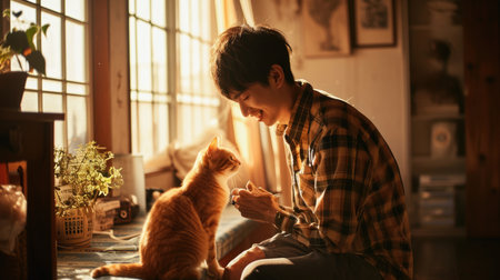 happy people at home with favorite pet , love and friendship of human and animal pragmaの素材