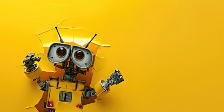 Close up view picture of the hollow yellow hole on the the wall that show the robot stay inside the wall that has been made from some material yet still can break to look through other side. AIGX03.の素材