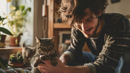 happy people at home with favorite pet , love and friendship of human and animal pragmaの素材