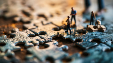 The miniature varies group of employed people that standing still on the uncompleted jigsaw board trying to work together to find the solution for the problem that they talking to each other. AIGX03.の素材