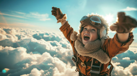 The side view of the picture that has the child flying into the bright sky with the aviator costume and the pair of goggles under the bright light of the bright sun with the happy smile face. AIGX03.の素材