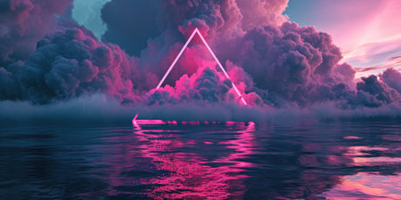 The great pinkish floating triangle beyond the ocean that surrounded with a lot amount of the tall cloud at the dawn or dusk time of the day that shine light to the every part of the picture. AIGX03.の素材