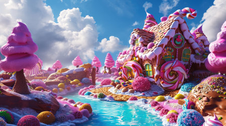 A whimsical and colorful candy village with houses made of confectionery delights and a river flowing with liquid sweetness. Resplendent.の素材